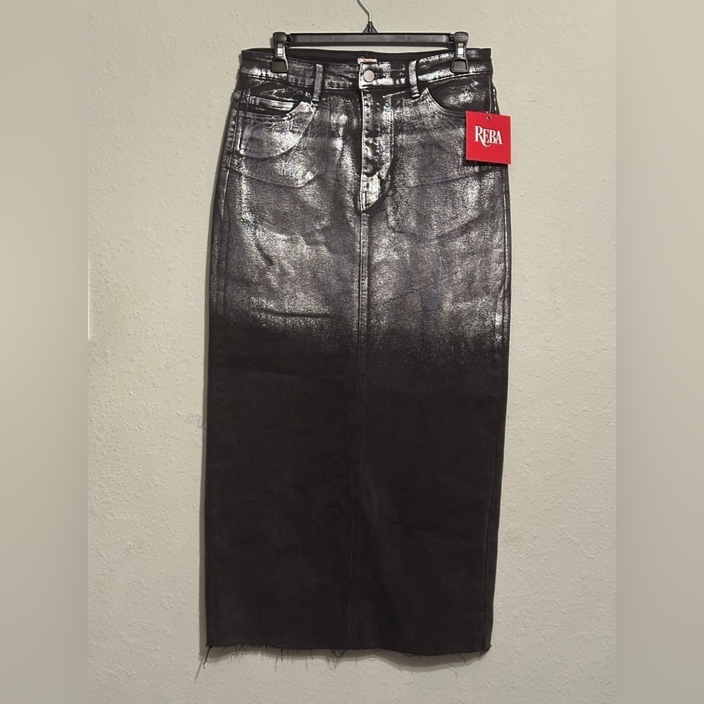 NWT Reba denim maxi skirt in black with a metallic silver shimmer